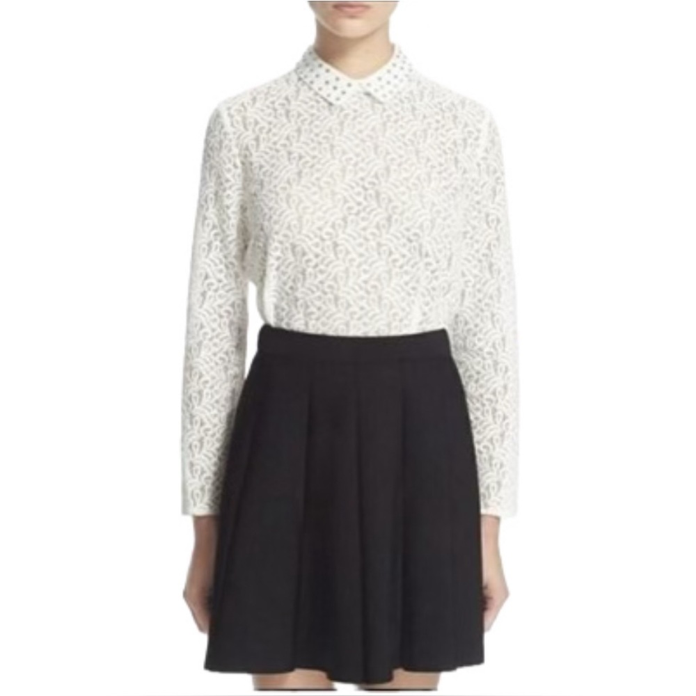 The Kooples White Lace Sheer Studded Collared Long Sleeve Top